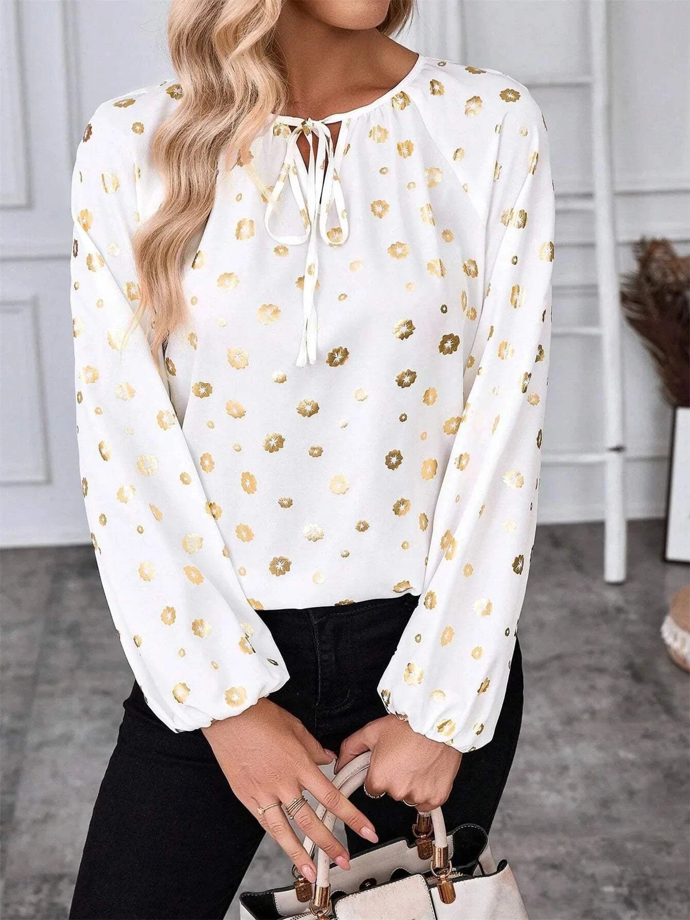 Printed Tie Neck Long Sleeve Blouse