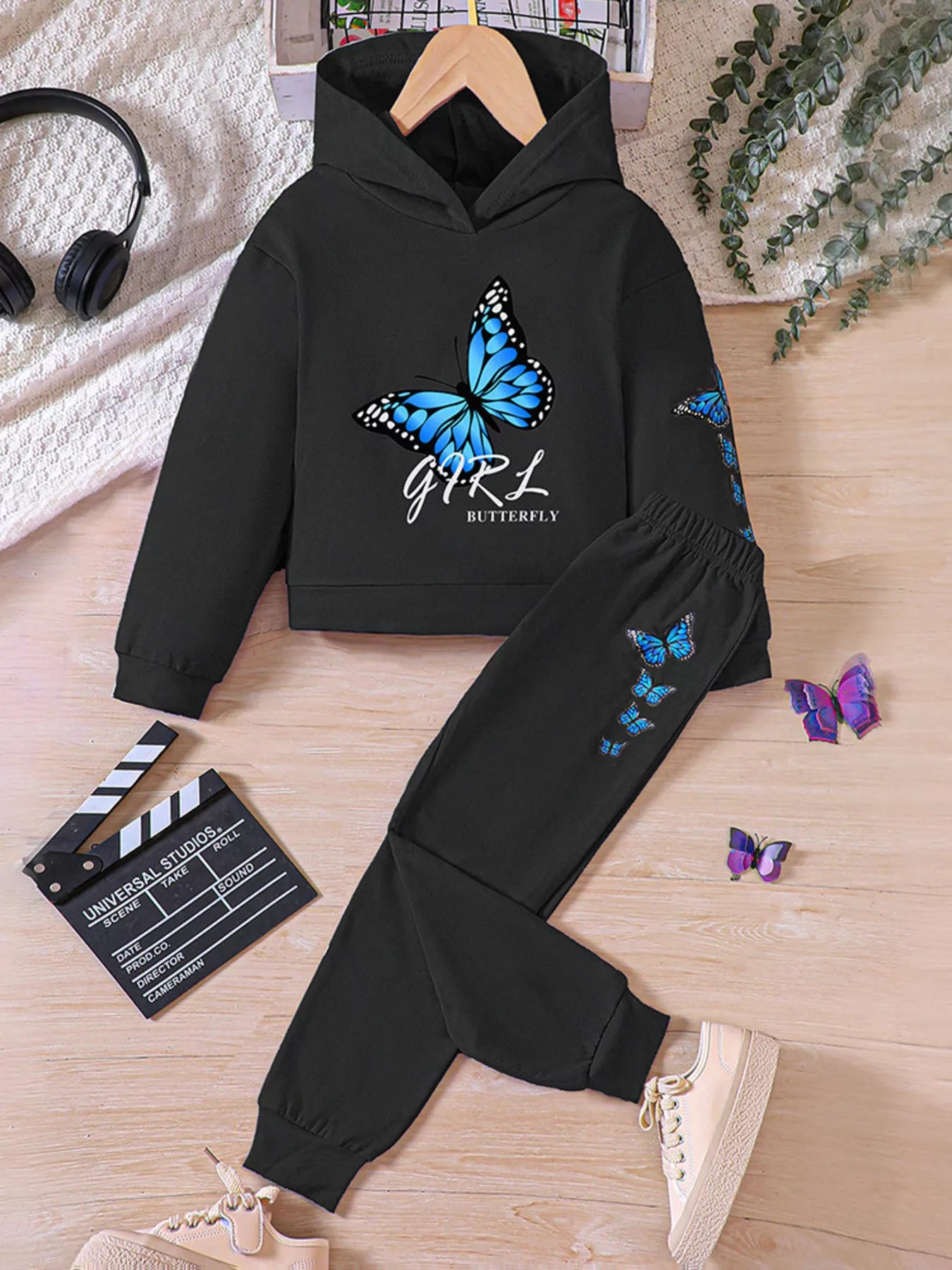 Childrens's Butterfly Print Hoodie & Pants Set