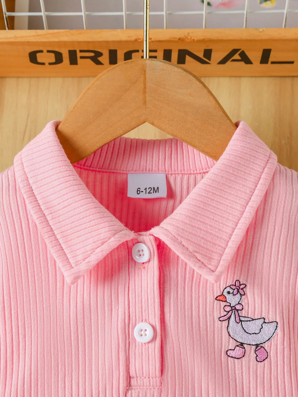 Children's Embroidered Ribbed Polo Shirt & Pleated Skirt Set