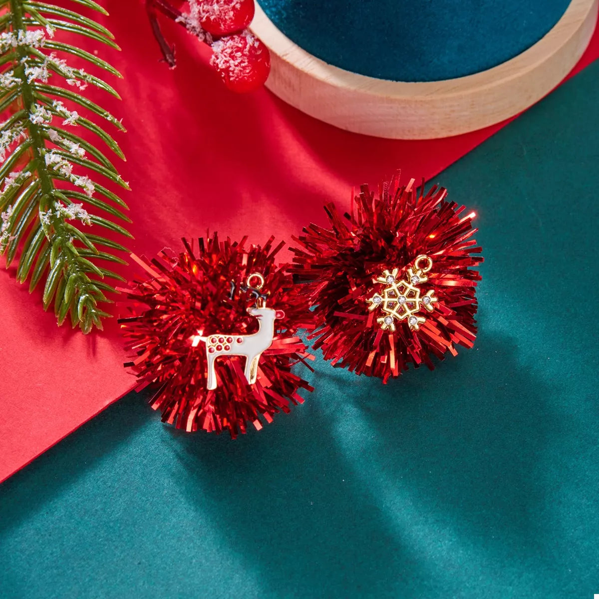 Christmas Asymmetrical Tinsel Ball Earrings