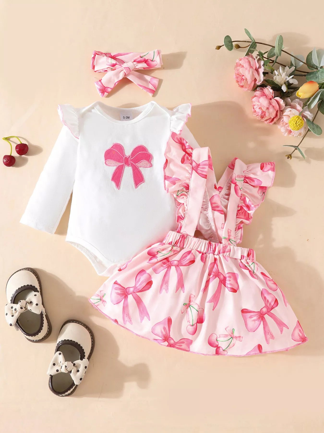 Children's Bowknot Print Ruffle Trim 3 Piece Set