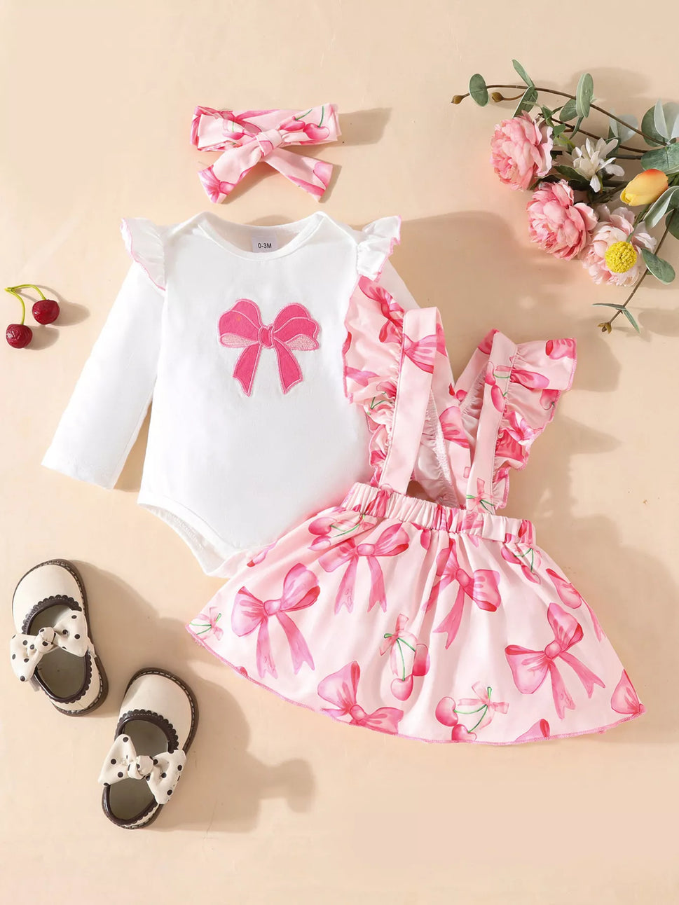 Children's Bowknot Print Ruffle Trim 3 Piece Set