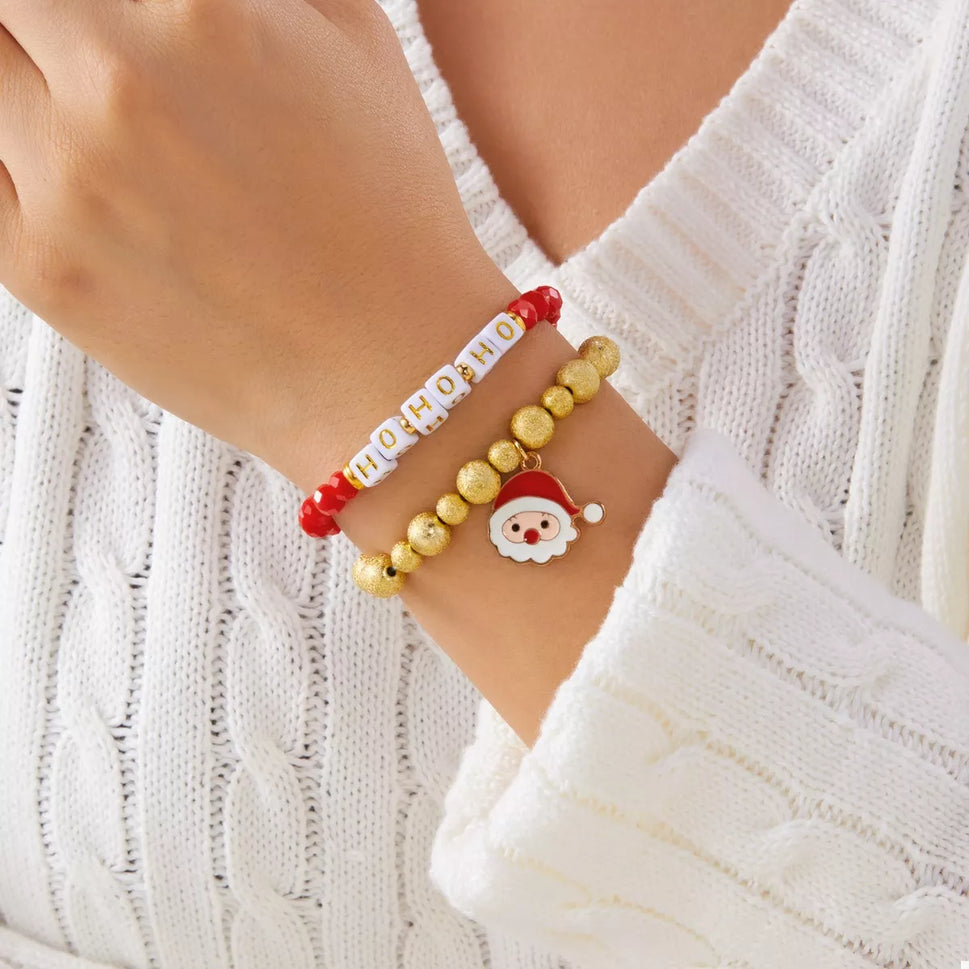 2 Piece Christmas Santa Beaded Bracelet