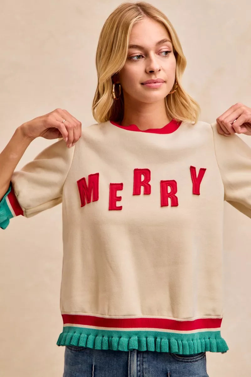 BiBi Christmas Merry Letter Patches Contrast Banded Top