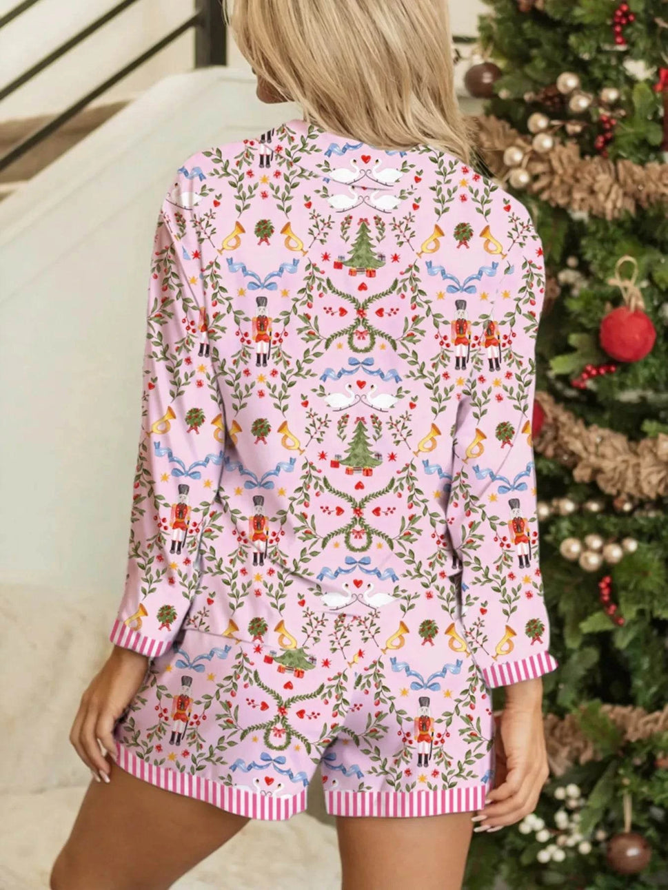 Christmas Holiday Print Nutcracker Long Sleeve Shorts 2pcs Pajama Set