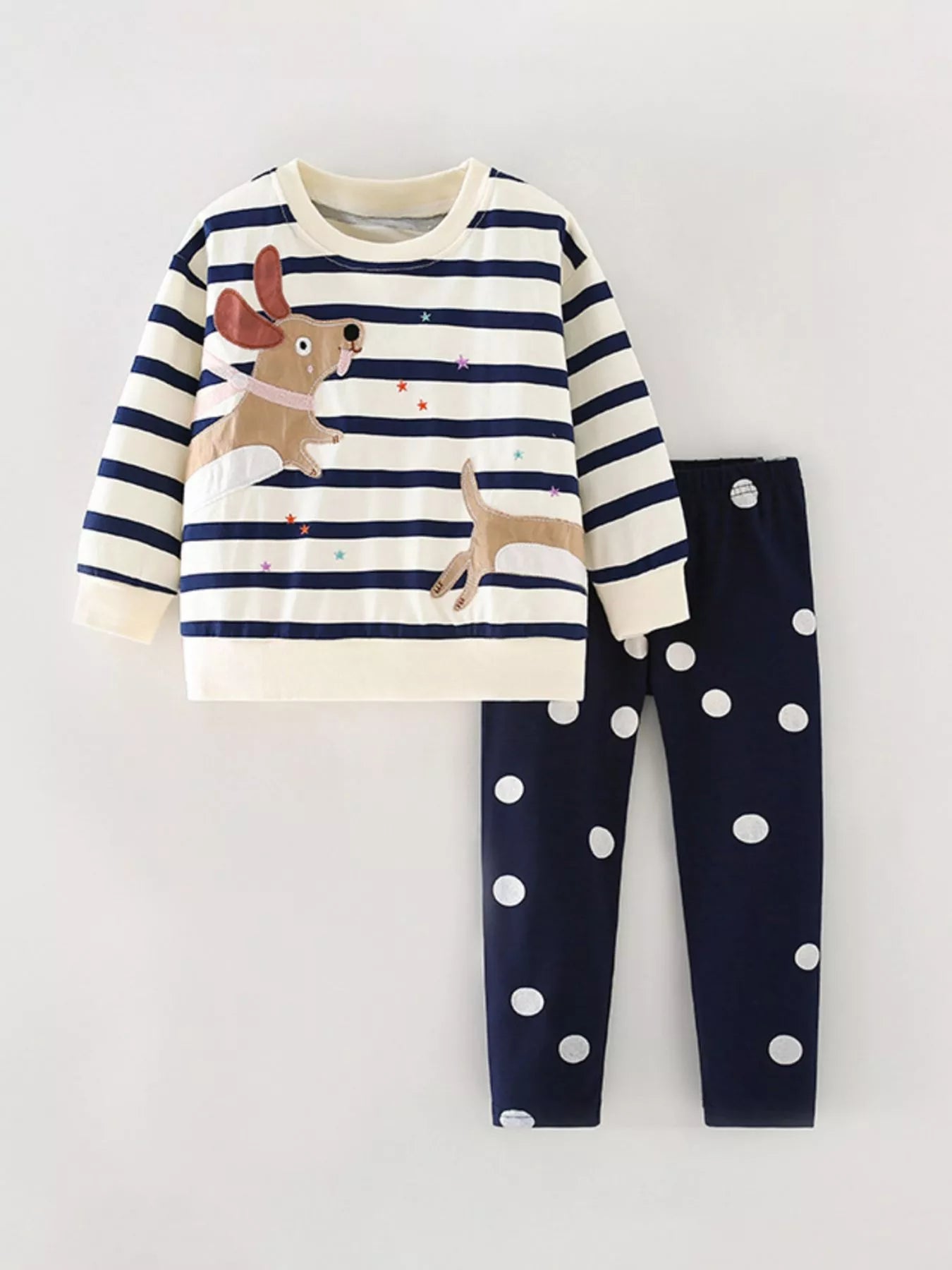 Children's Cute Dog Applique Striped Top and Pants Set