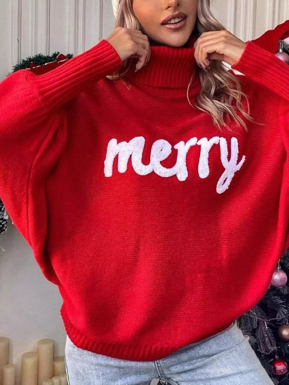Merry Turtleneck Long Sleeve Christmas Sweater
