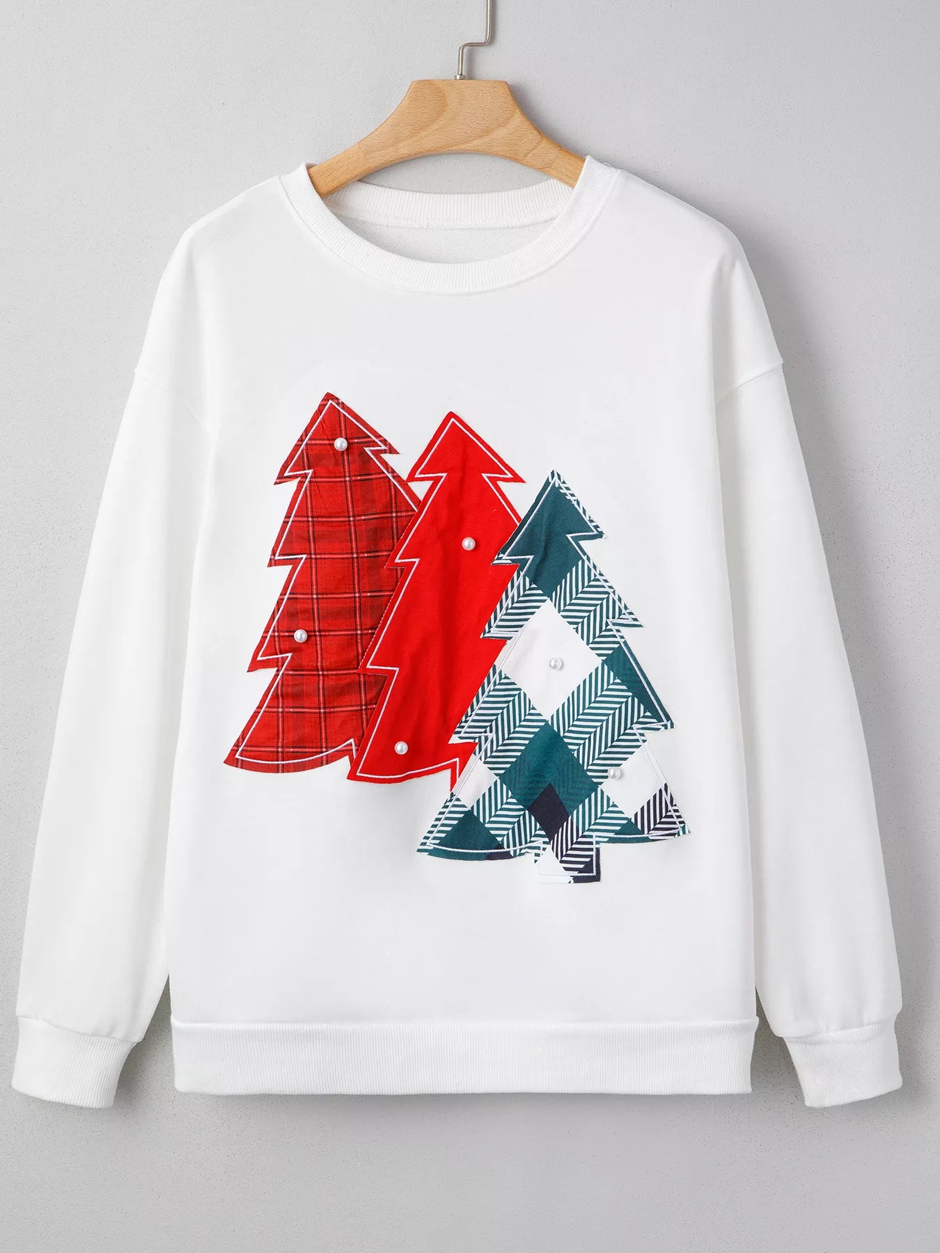 Pearl Plaid Christmas Tree Patched Drop Shoulder Sweatshirt
