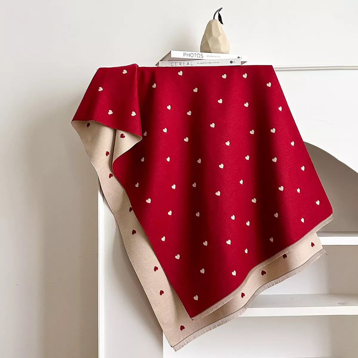 Heart-Patterned Raw Hem Winter Scarf