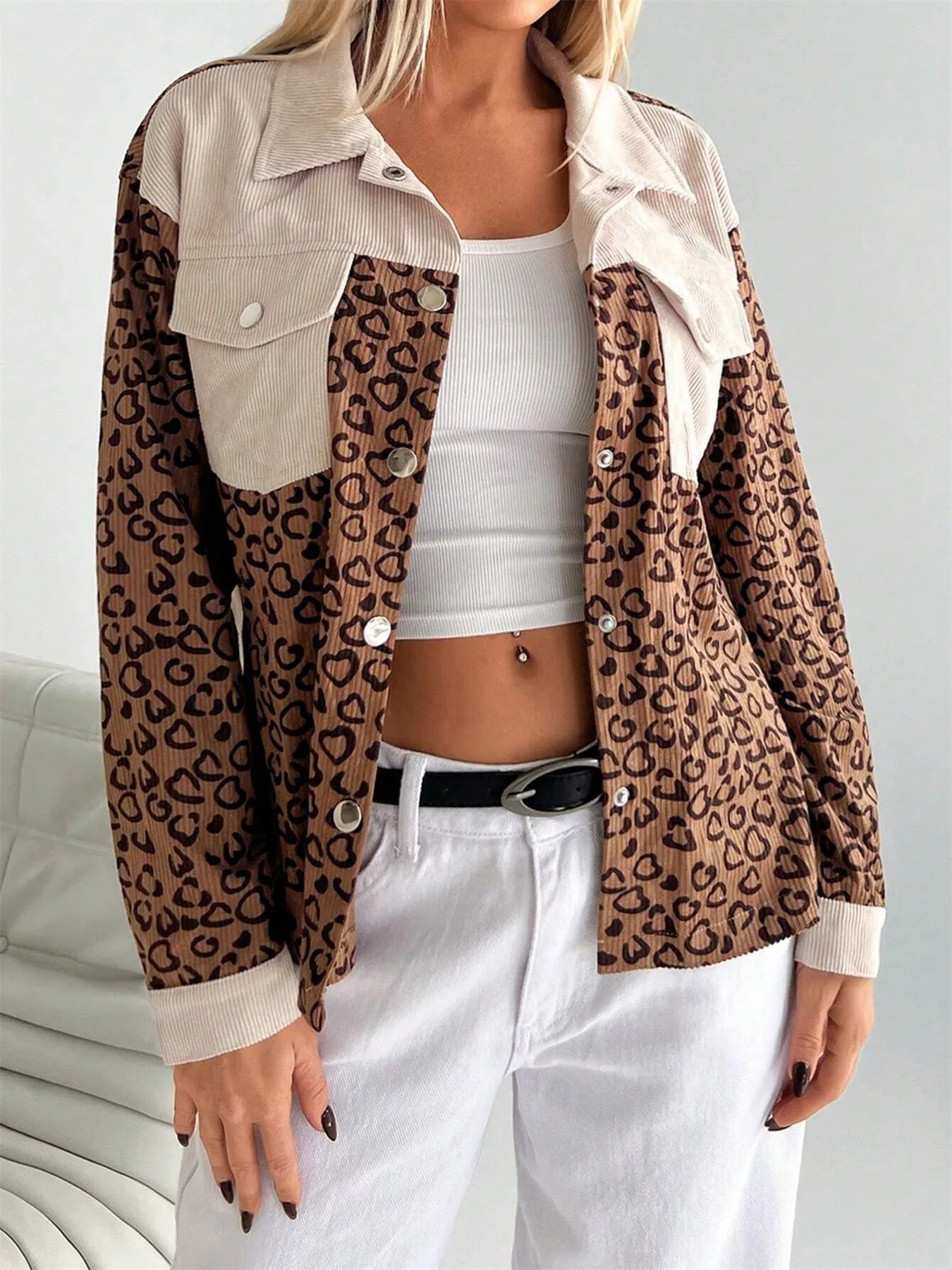 Leopard Print Color Block Corduroy Jacket