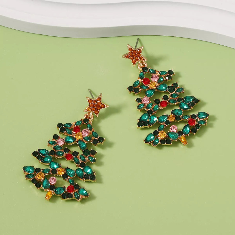 Christmas Tree Earrings with Rhinestones
