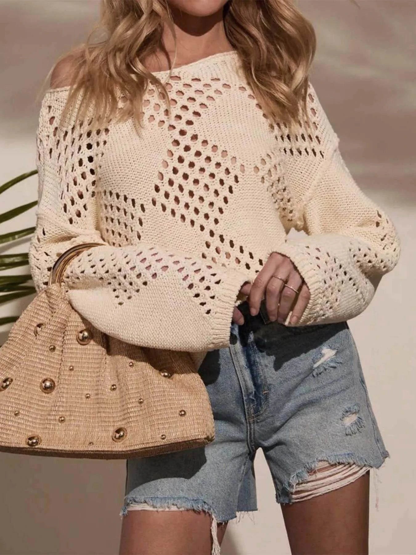 Openwork Boat Neck Long Sleeve Sweater