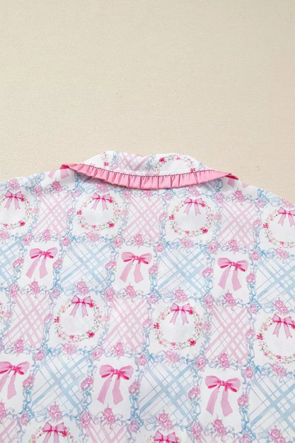 Wreath Pattern Christmas Tied Front Long Sleeve 2pcs Pajama Set