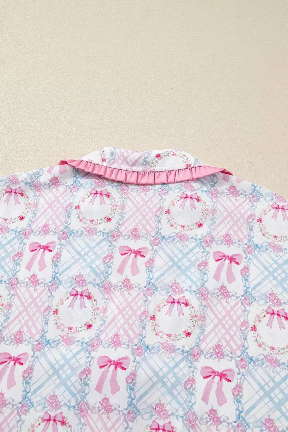 Wreath Pattern Christmas Tied Front Long Sleeve 2pcs Pajama Set