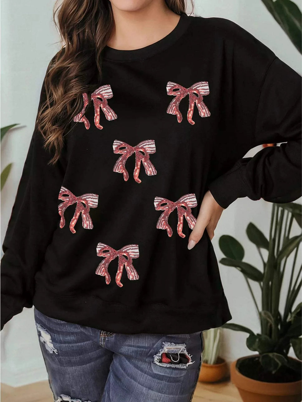 Christmas Sequin Ribbon Bow Drop Shoulder Sweatshirt