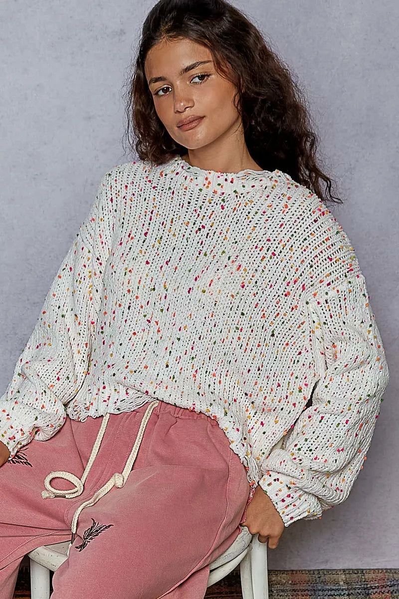 POL Round Neck Fringed Hem Sweater