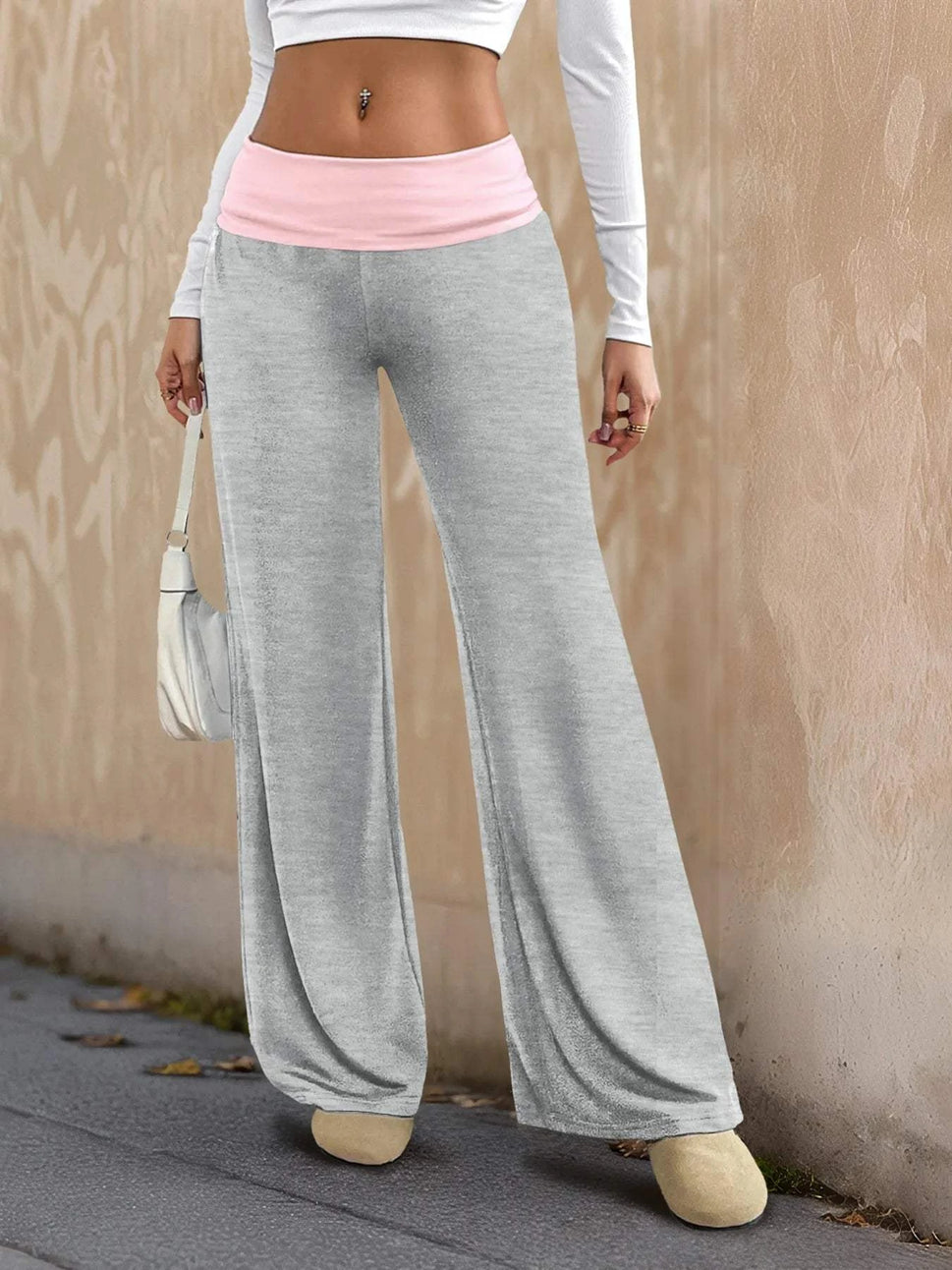 Contrast Waistband Wide Leg Pants