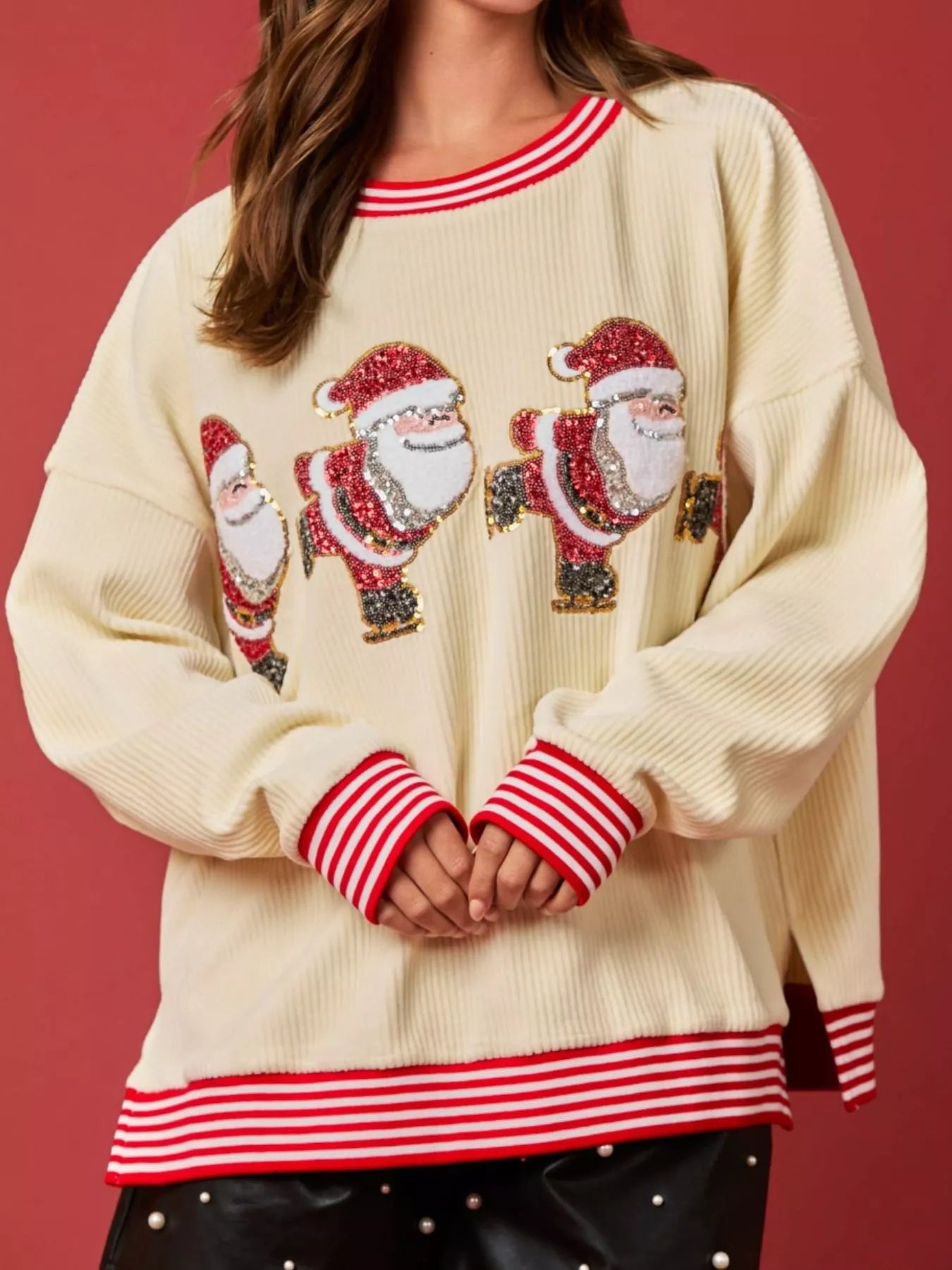 Christmas Sequin Candy Cane and Santa Sweatshirt with Striped Hem