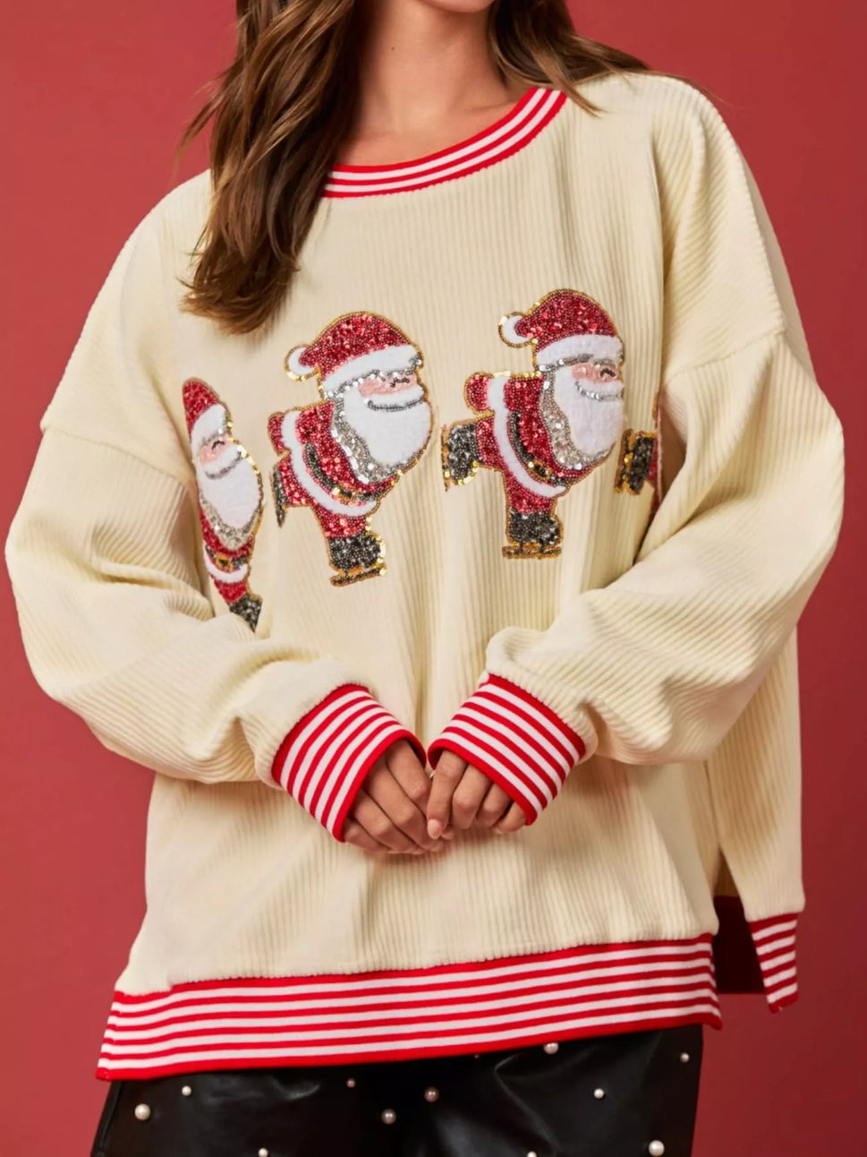 Christmas Sequin Candy Cane and Santa Sweatshirt with Striped Hem