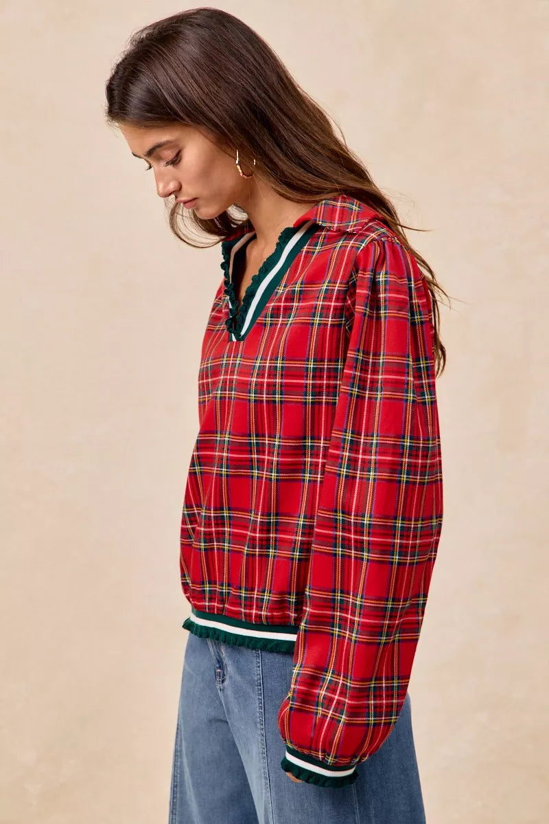 BiBi Christmas Plaid Collared Top with Ruffled Detail