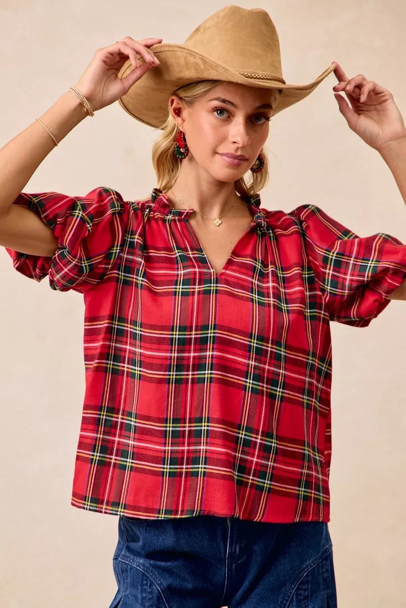 BiBi Christmas Plaid Short Sleeves Ruffled Blouse