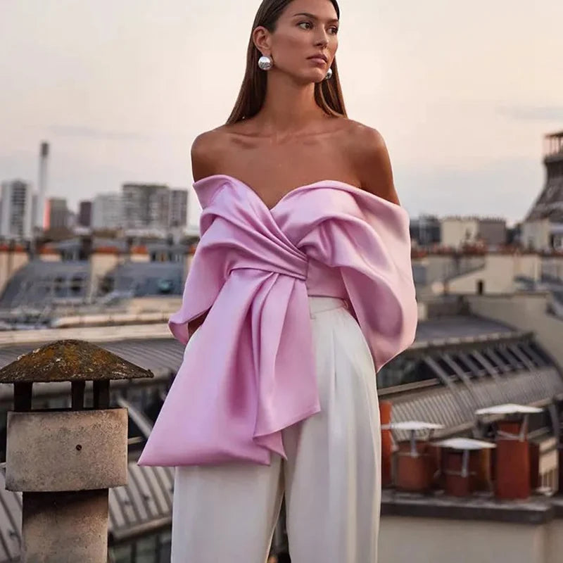 Summer Satin Bow Pleated Off-Shoulder Crop Top