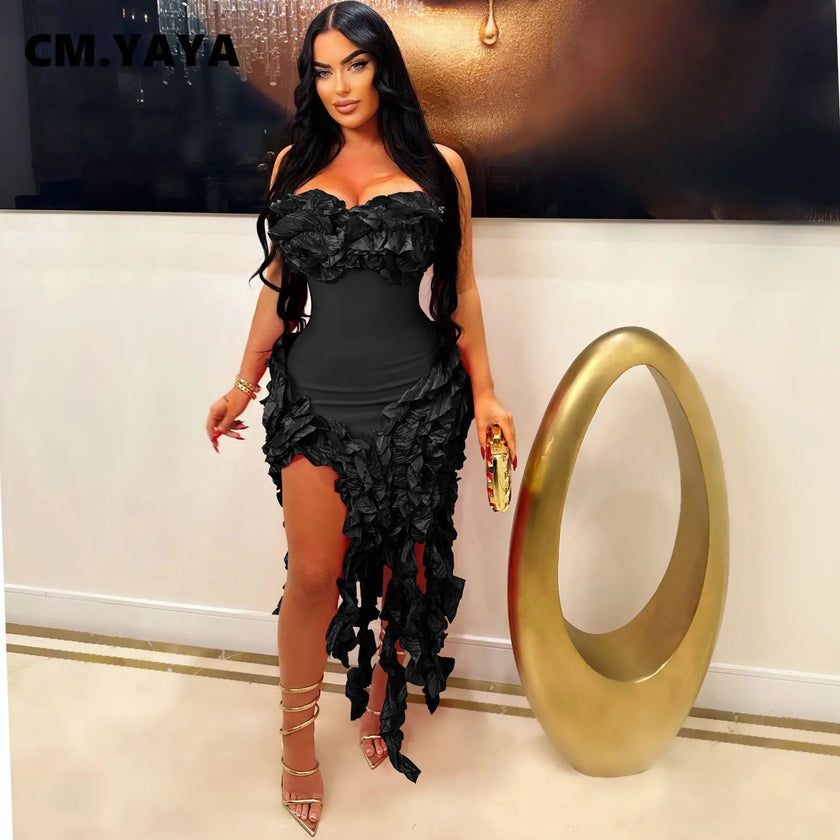 Women Strapless Ruffles Tassel Splicing Irregular Birthday Bodycon Long Maxi Dress 2024 Even Sexy Party Dresses Vestidos