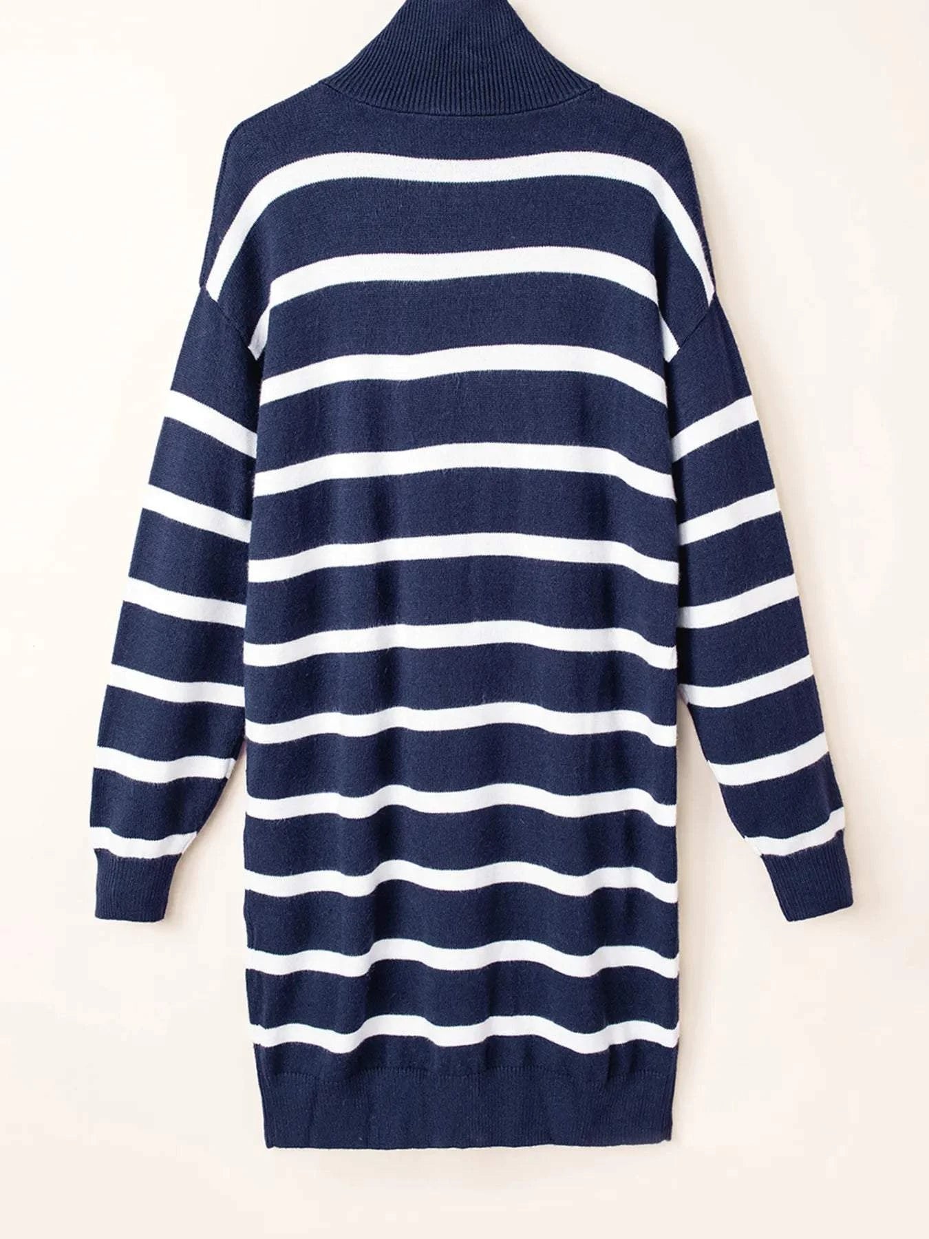 Striped O-ring Zip Collared Loose Sweater Mini Dress