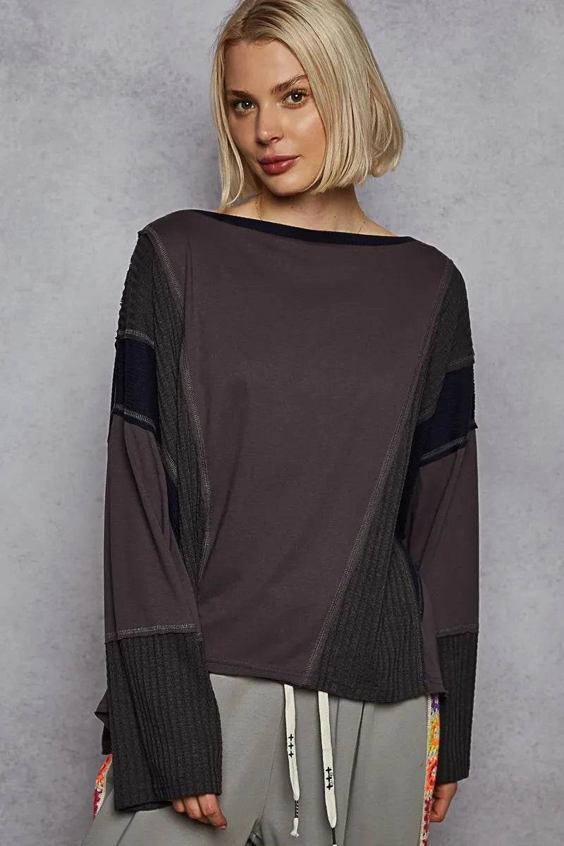 POL Contrast Round Neck Long Sleeve T-Shirt