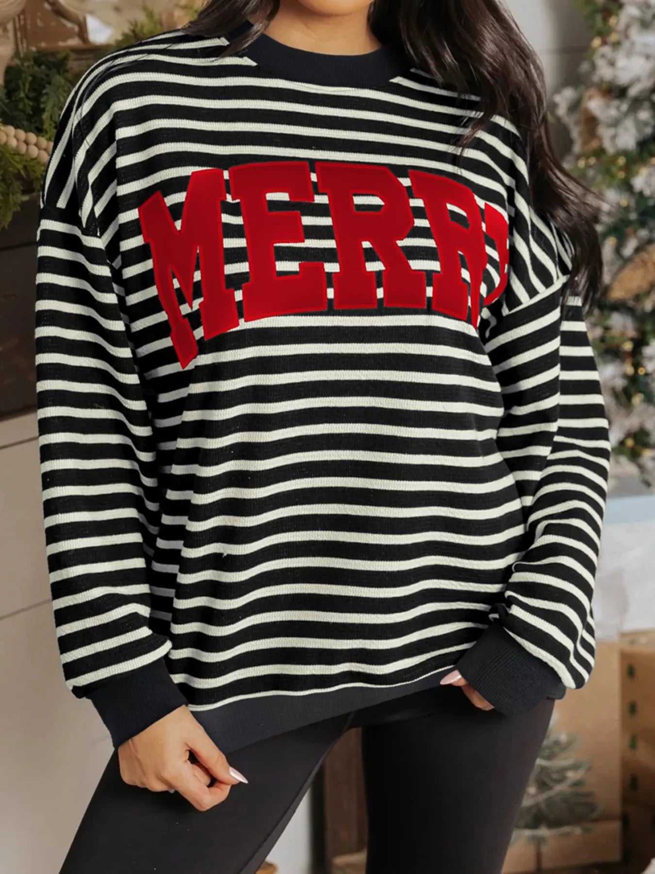 Stripe Contrast MERRY Letter Christmas Print Drop Shoulder Sweatshirt