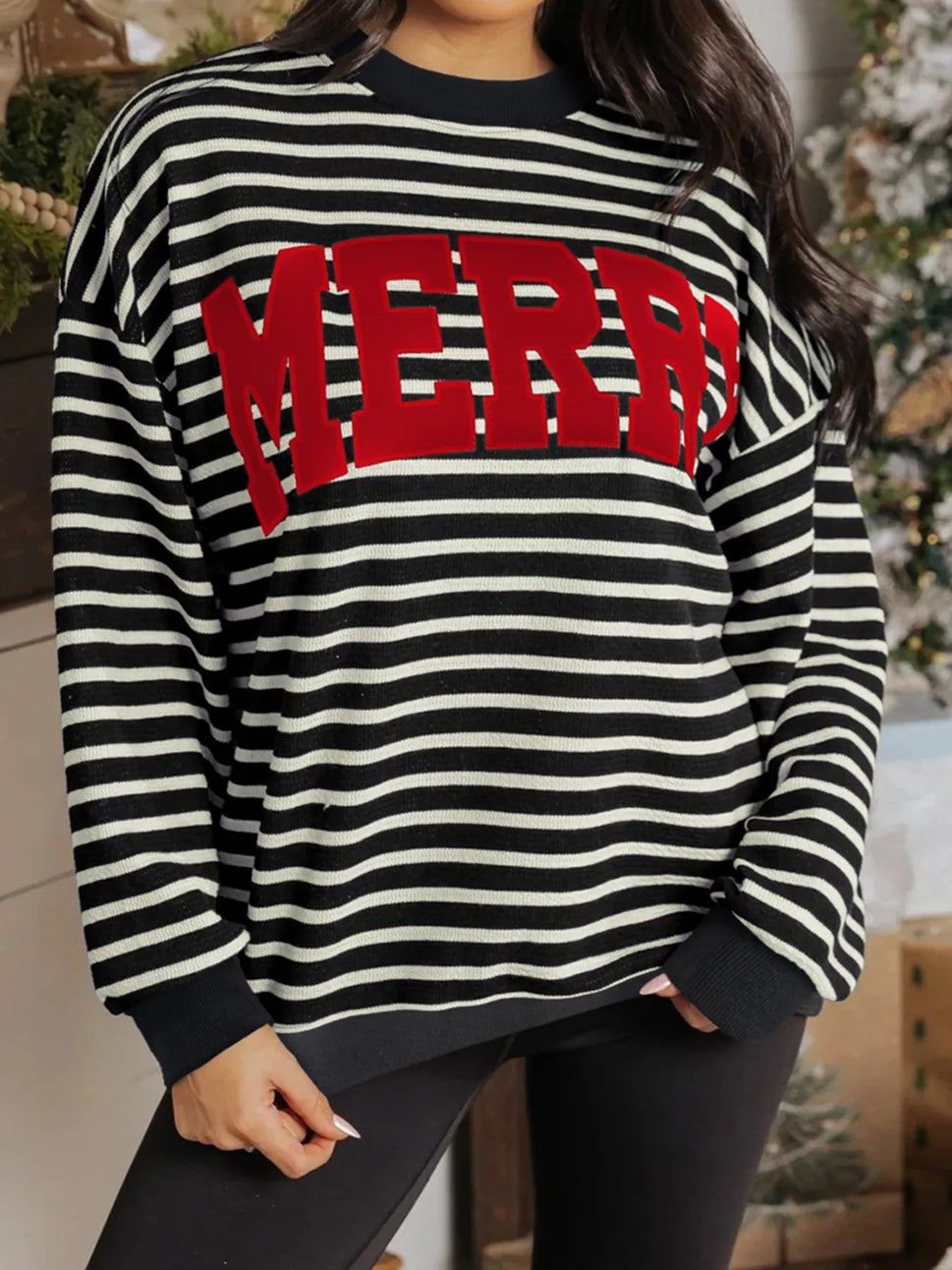 Stripe Contrast MERRY Letter Christmas Print Drop Shoulder Sweatshirt