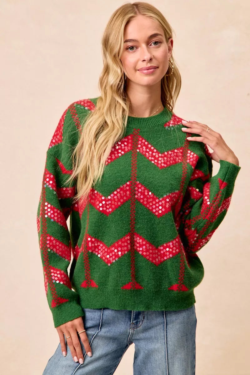 BiBi Christmas Theme Chevron Sequins Detail Sweater