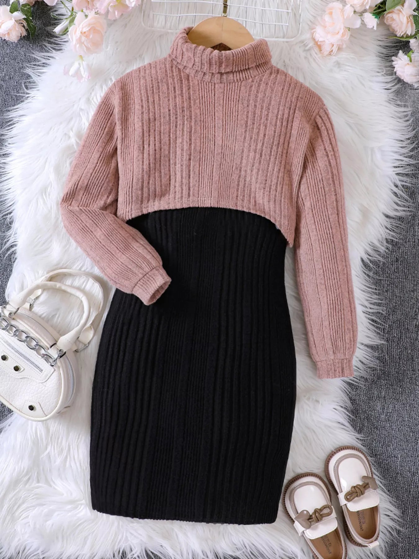 Children's Ribbed Knit Two-Tone Dress Set