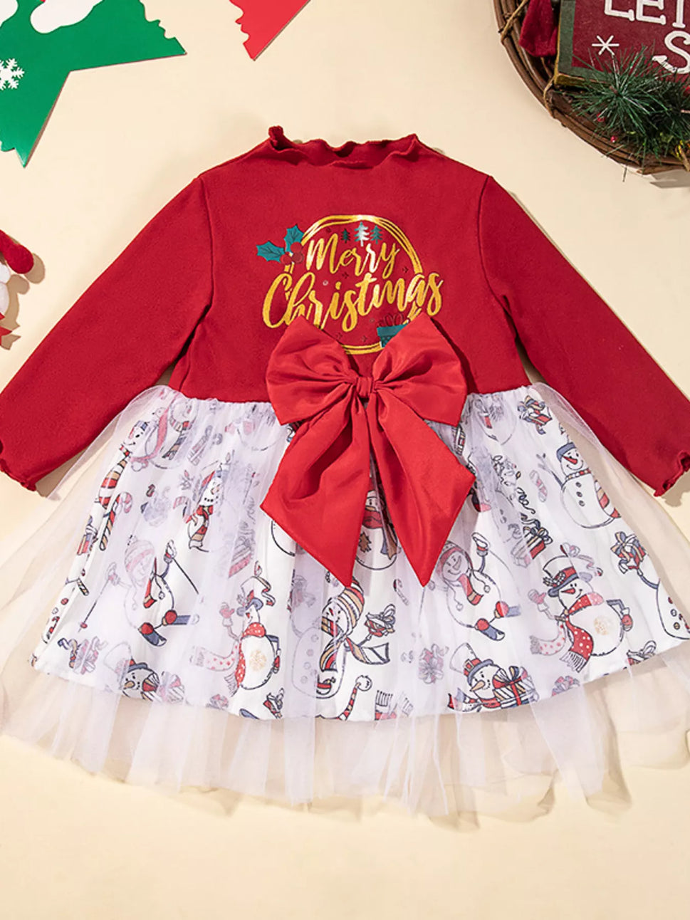 Children's Christmas Snowman Print Tulle Dress