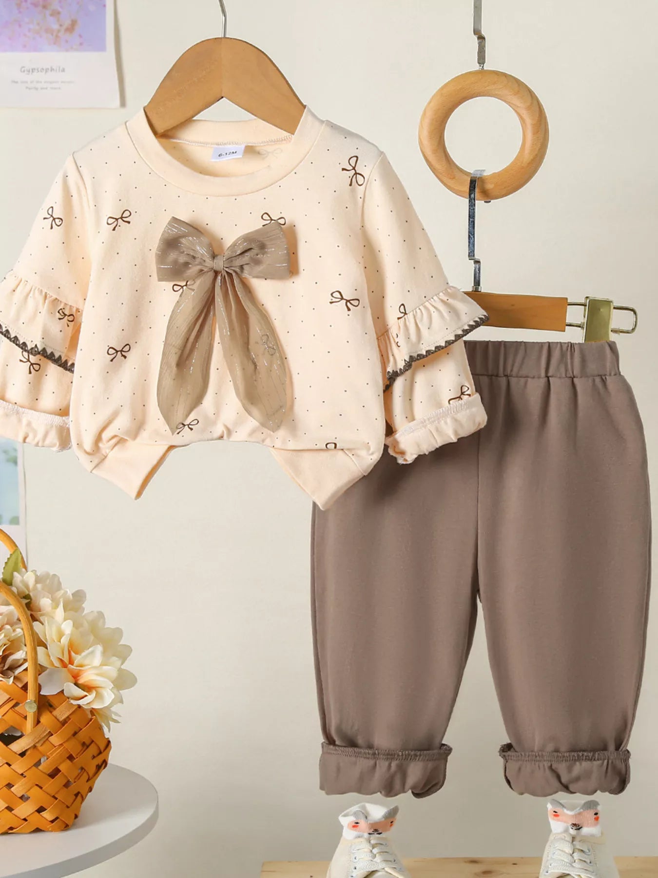 Children's Bowknot Ruffle Sleeve Top and Pants Set