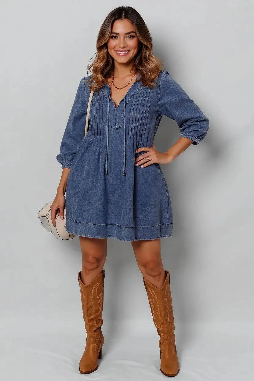 Tie Neck Long Sleeve Mini Denim Dress