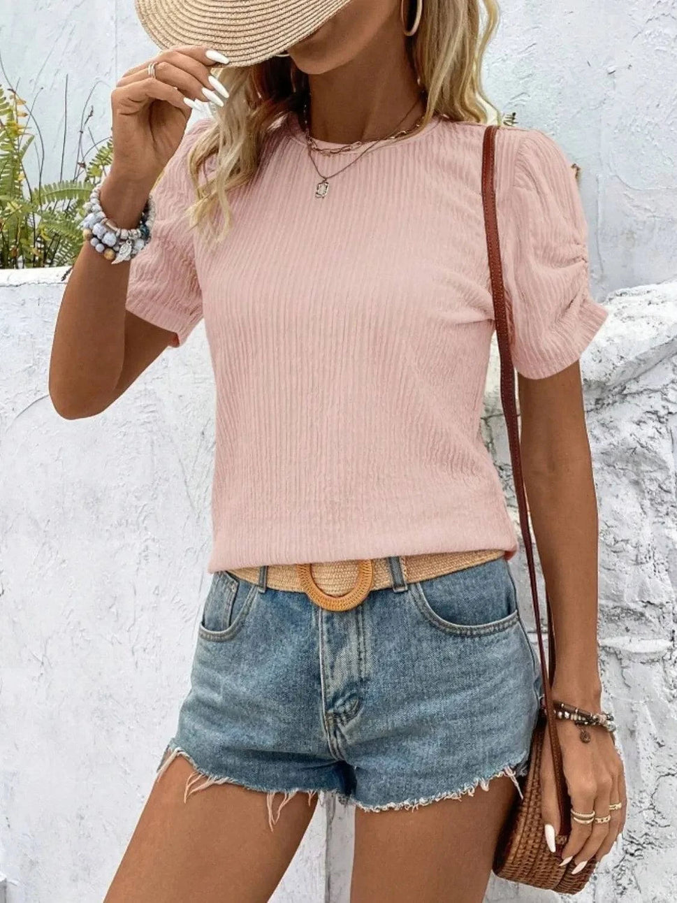 Ruched Round Neck Short Sleeve Top