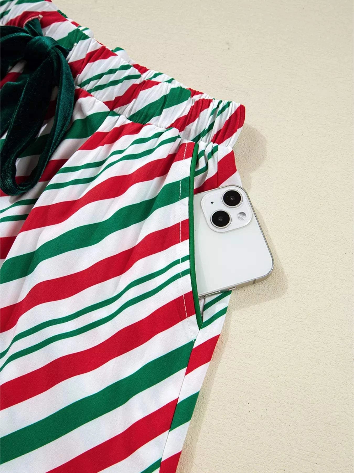 Stripe Contrast Velvet Ribbon Knot Christmas 2pcs Pajama Set