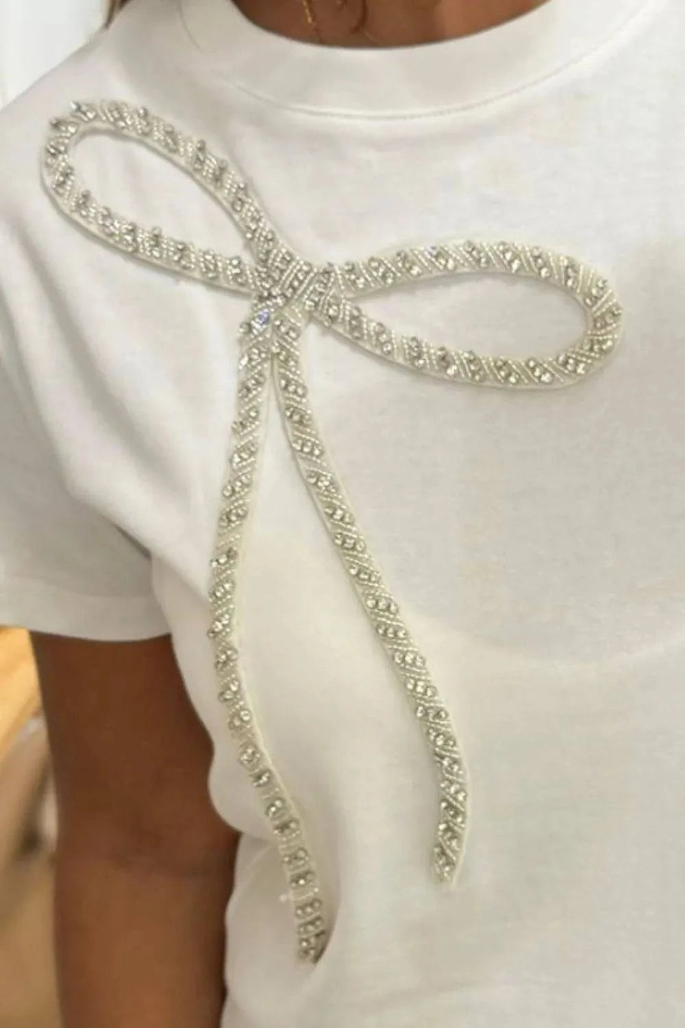 Rhinestone Bow Round Neck Short Sleeve T-Shirt