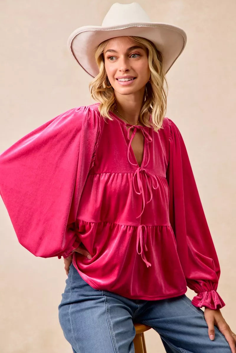 BiBi Christmas Theme Velvet Bow Tied Blouse