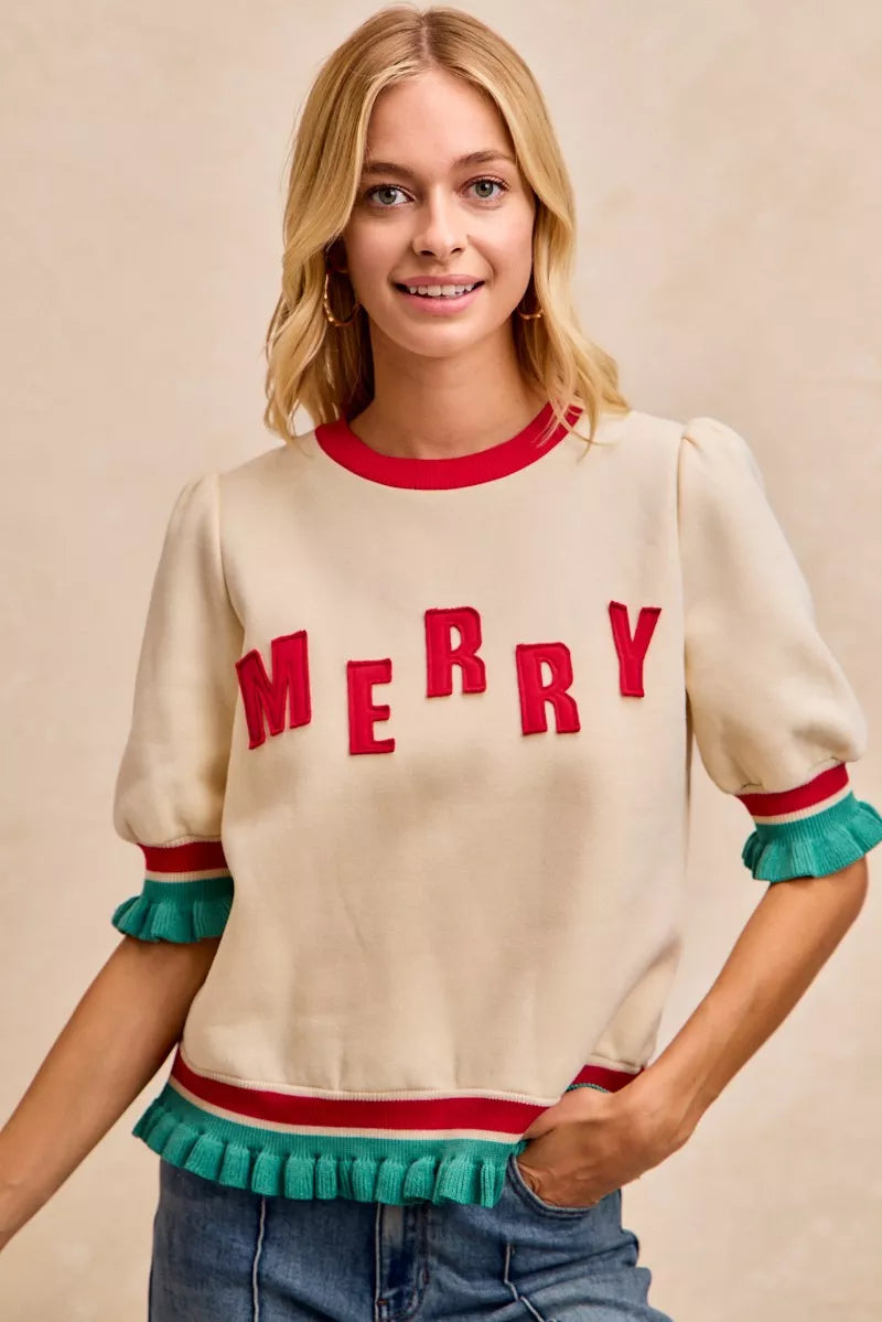 BiBi Christmas Merry Letter Patches Contrast Banded Top