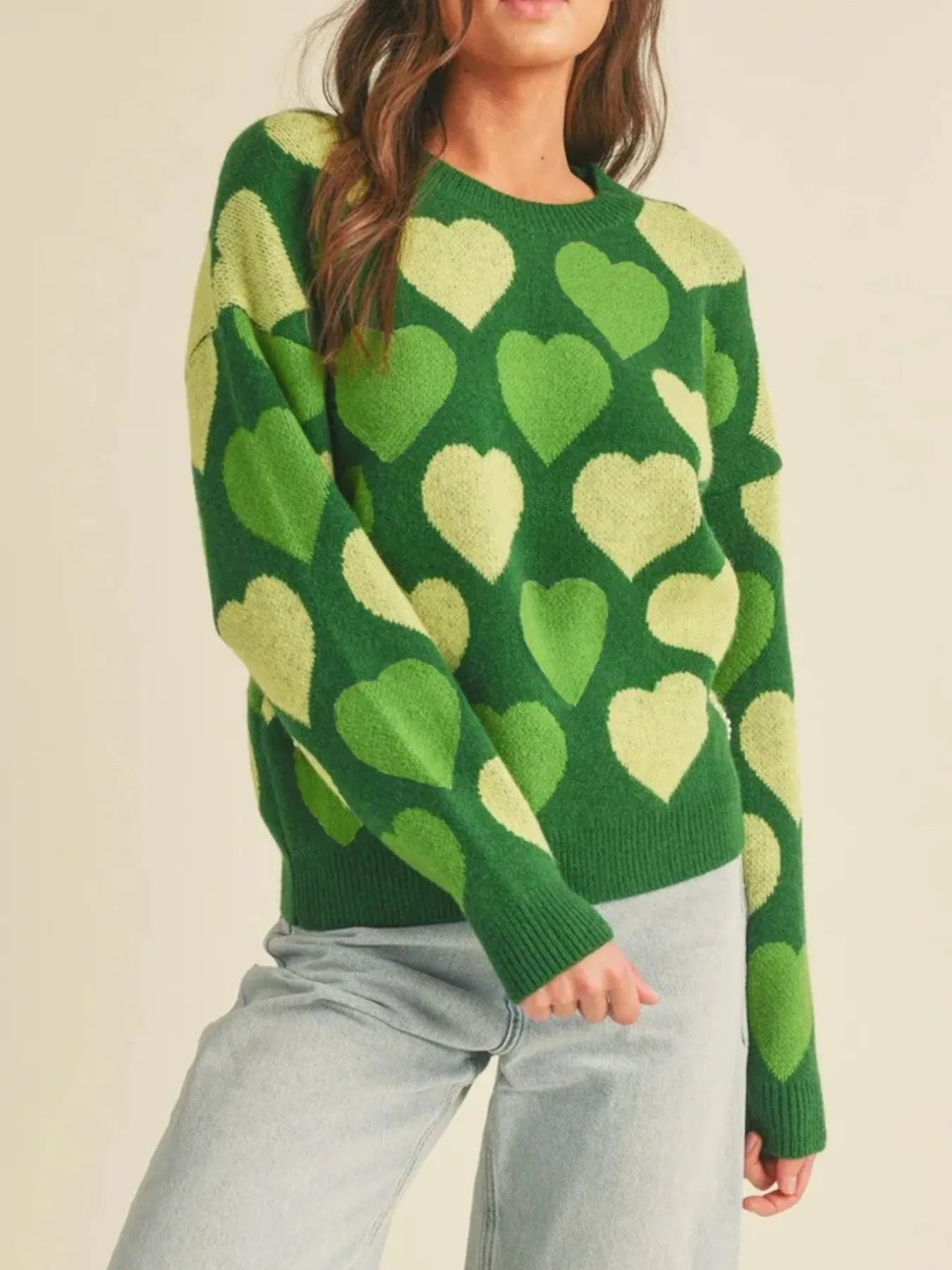 Heart Ribbed Hem Long Sleeve Sweater