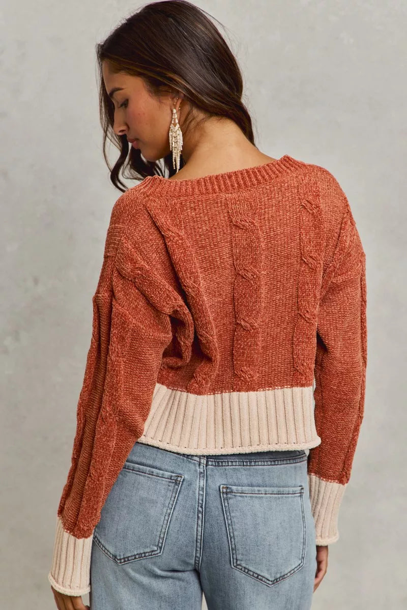 SO ME Chenille Cable Knit V Neck Contrast Cropped Sweater