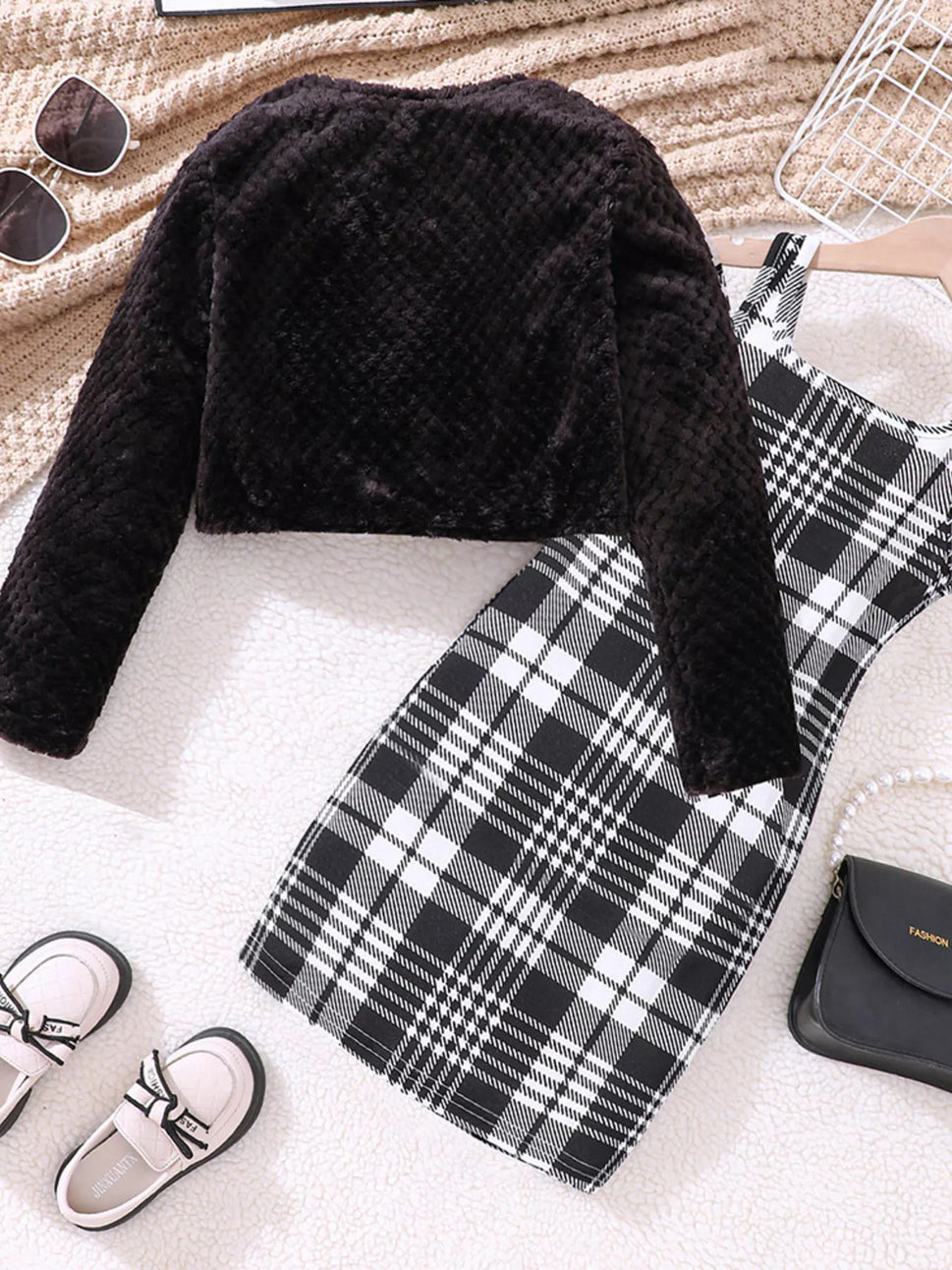 Children's Fuzzy Cardigan & Plaid Dress Set