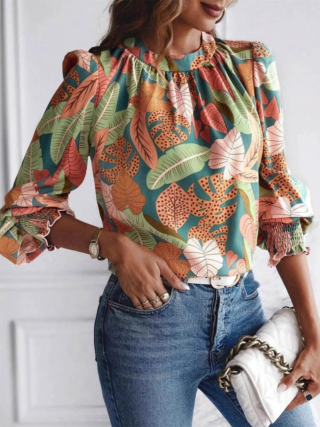 Tropical Print Long Sleeve Blouse