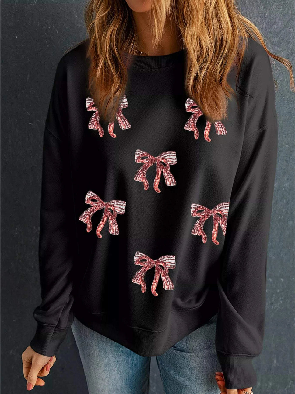Christmas Sequin Ribbon Bow Drop Shoulder Sweatshirt