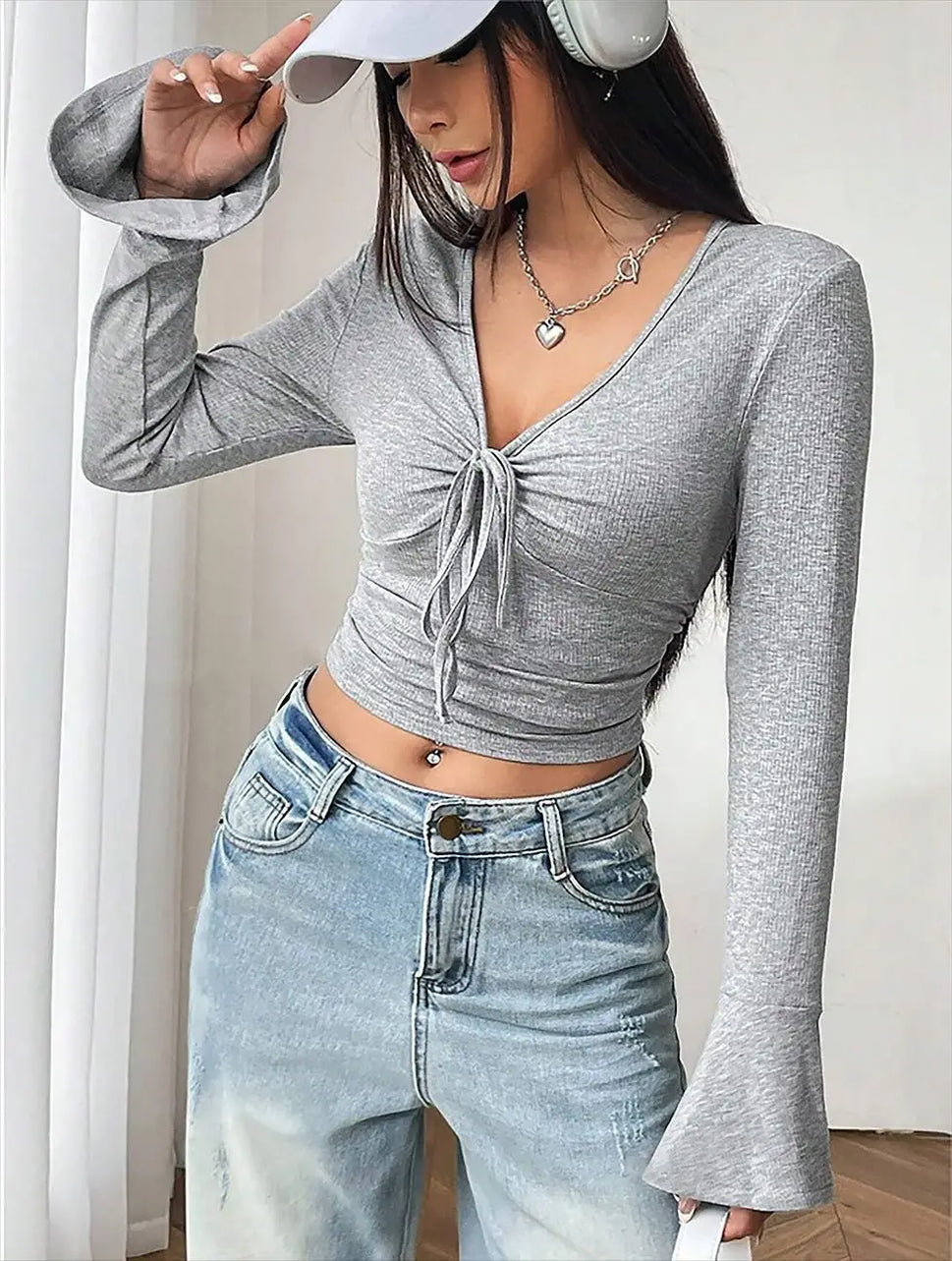 Autumn Trumpet Sleeve Cinched Waist Crop Top