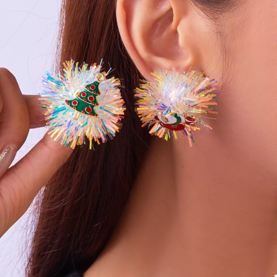 Christmas Asymmetrical Tinsel Ball Earrings