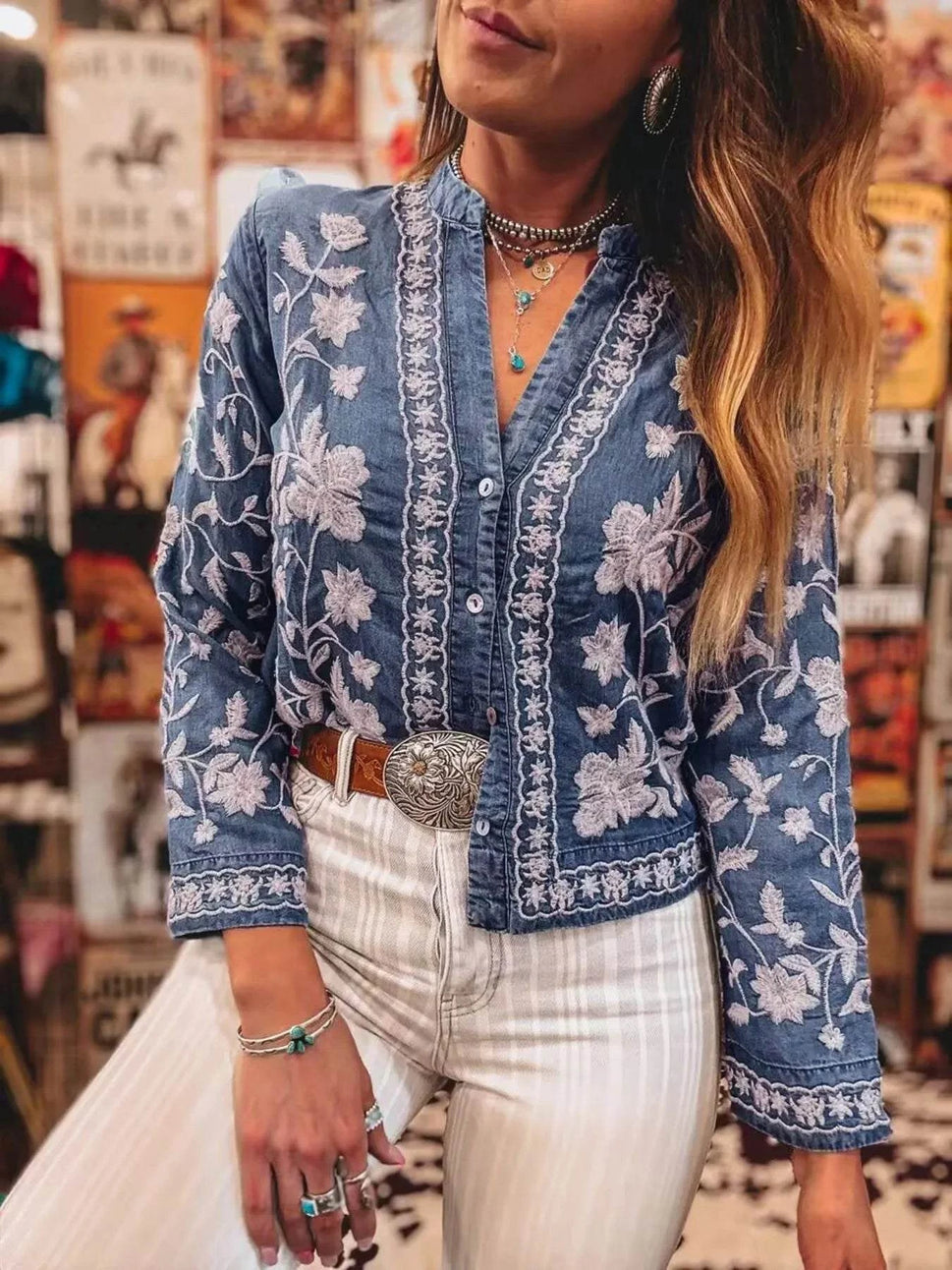 Floral Embroidered Button Up Denim Shirt