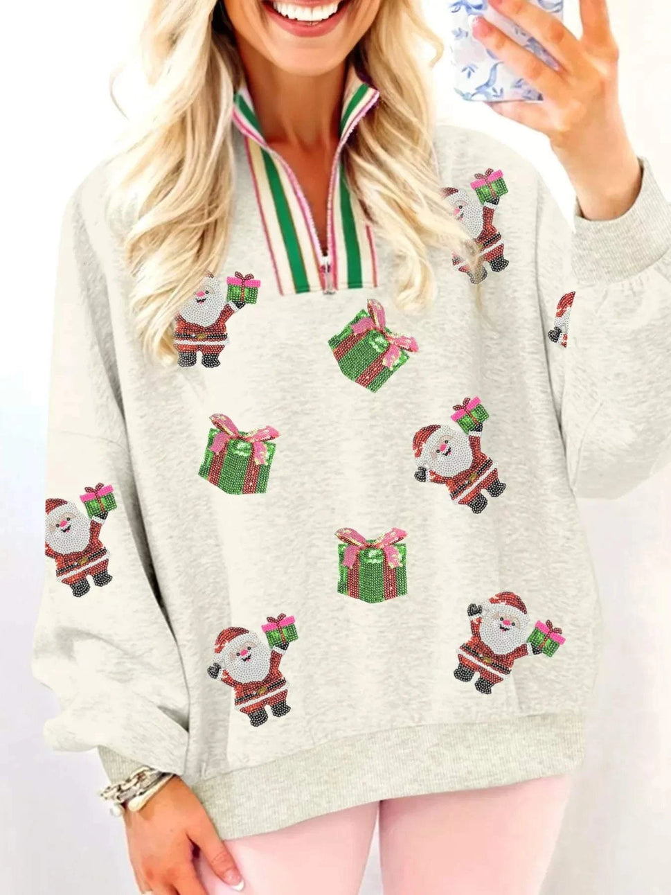 Christmas Striped Patchwork Zip Neck Sequin Santa Gift Sweatshirt